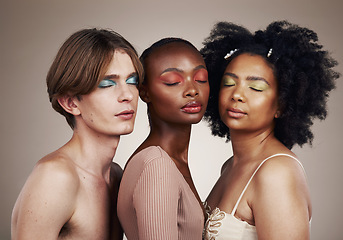 Image showing Diversity, beauty and skincare, makeup and people, dermatology and inclusion isolated on studio background. Gen z, young women and man with face, equality and cosmetics with skin and wellness