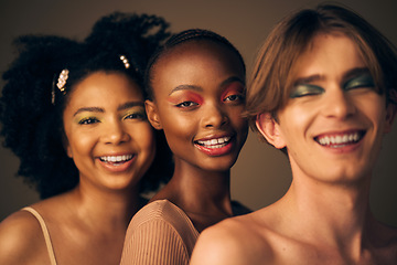 Image showing Makeup, portrait and diversity in beauty with lgbt or queer women and man in studio for creative cosmetics and fashion. Happy, face and unique style for gen z, art or model with colorful eyeshadow