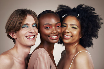 Image showing Portrait, diversity and people with makeup, smile and dermatology isolated on studio background. Face, man or women with cosmetics, multiracial or self care with inclusion, group with beauty or shine