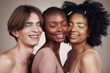 Image showing Diversity, beauty and skin, people with smile and dermatology with inclusion isolated on studio background. Gen z, young women and man with face, equality and cosmetics with skincare and wellness