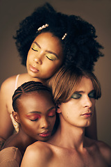 Image showing Diversity, beauty and skin, makeup and people, dermatology and inclusion isolated on studio background. Gen z, young women and man with face, equality and cosmetics with skincare and wellness