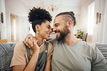 Image showing Happy, love or interracial couple on a sofa, care or commitment with relationship, weekend break or loving together. Home, man or woman on a couch, marriage or romantic with bonding, date or relax