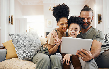 Image showing Selfie, family and parents with a tablet, boy and connection with games, cartoon and streaming movies. Home, mother or father on a couch, child or kid with technology, relax or social media for fun