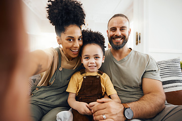 Image showing Family, selfie or happy on sofa and relax at home on social media, streaming or memory portrait. Smile, photography or love, care and trust for man, woman and interracial kid in lounge for bonding