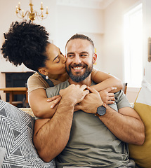 Image showing Happy couple, hug and kiss on sofa in home, living room or bonding in apartment with love in marriage or relationship. Man, smile and woman embrace or support partner on couch or relax together