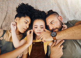 Image showing Love, comfort and parents with crying child on floor for empathy, support or care from above. Depression, anxiety and kid face with parents for bullying, crisis or cry, sad or help with mental health