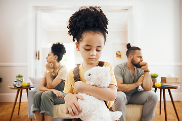 Image showing Divorce, fight and sad boy child with teddy bear in a living room for stress, support and comfort at home. Family, crisis and kid with anxiety for toxic parents, argue or dispute, depression or fear