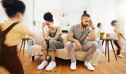 Image showing Family, kid and tired parents on sofa with headache, stress or divorce fight for running child with energy. Chaos, burnout and children in living room with mother, father or frustrated anxiety crisis