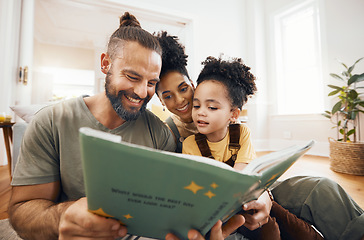 Image showing Interracial parents, child and reading with book, story and learning with care, love and teaching on floor. Father, mom and kid with education, knowledge and listening for development in family home