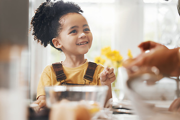 Image showing Happy child in kitchen, baking and learning with parent and cake flour on face, little baker making breakfast or cookies. Food, cooking and excited boy chef in home with mixing bowl, tools and smile.