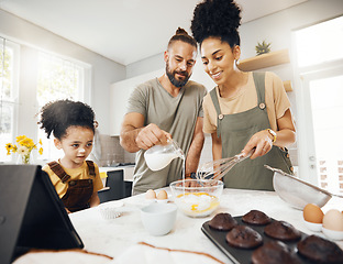 Image showing Child, parents and baking in kitchen, teaching and learning for development at breakfast. Cupcake, cooking and boy in home with happy interracial family, mom and dad and mixing muffins in the morning