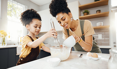 Image showing Child, mother and baking in kitchen, teaching and learning with support, development and breakfast. Cupcake, cooking and boy chef helping happy mom, mixing bowl for milk and eggs recipe in morning.