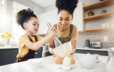 Image showing Child, mom and baking in kitchen, helping and learning with support, development and breakfast. Home, cooking and boy chef with happy mother teaching, mixing bowl for whisk and eggs recipe in morning