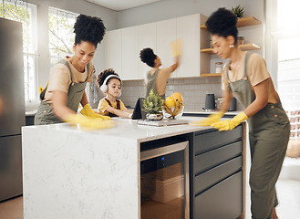 Image showing Mom, cleaning kitchen or multitasking with boy child, listening to music, headphones or e learning tablet in family home. Mother or kid for hygiene, cloth or ppe for bacteria, dust or dirt composite