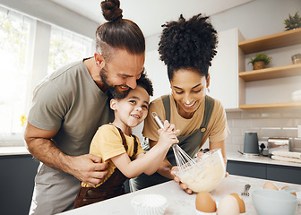 Image showing Child, mom and dad baking in kitchen, teaching and learning with happy support, development and breakfast. Smile, cooking and boy chef in home with happy parents, mixing bowl and eggs in the morning.