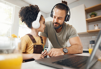 Image showing Father, child and headphones on laptop for home education, e learning support and helping with translation. Happy dad, family and boy kid on computer and listening to audio for language and teaching