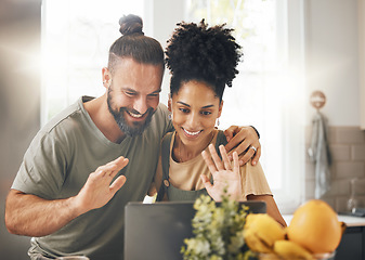 Image showing Interracial couple, laptop and video call, happy together or at home on communication, technology and people in kitchen. Love, care or trust on virtual chat with smile, wave and hello on internet pc