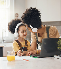 Image showing Online education, mom and child in home school with love, headphones and laptop for virtual class. Computer, mother and happy boy working together for elearning, help with writing and kid with smile.