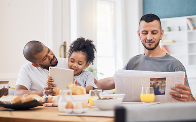 Image showing Gay parents, morning and breakfast with child in a home with reading and tablet with dad. Food, house and family with bonding, care and love together at dining table with paper and tech with kid