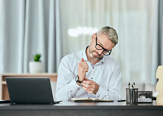 Image showing Businessman, check and fixing watch in office for corporate time management, clock or schedule in finance company. Mature CEO, man or financial consultant with wrist accessory for technology deadline