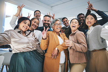 Image showing Happy, peace sign and portrait of business people in the office for team building or bonding. Smile, diversity and group of creative designers with manager having fun with goofy gesture in workplace.