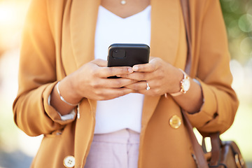 Image showing Woman, phone and hands typing in social media, communication or outdoor networking in nature. Closeup of female person chatting or texting on mobile smartphone app or online research at the park