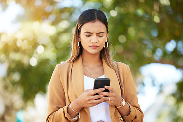 Image showing Phone, text and confused woman in a city street frustrated by 404, glitch or phishing scam outdoor. smartphone, app and lady with wtf face for taxi request, quote or chauffeur service travel delay