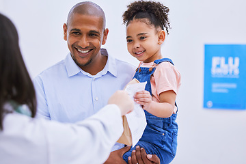Image showing Pharmacist, father and child with medicine in pharmacy, pills or supplements, sick with help and retail. People in store, drugs and wellness, trust and healthcare, prescription medication and illness