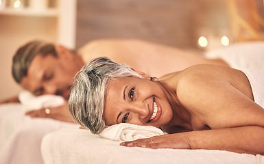 Image showing Couple, massage and portrait of woman in spa to relax on holiday, vacation and anniversary celebration. Love, marriage and happy mature man and lady in beauty salon for luxury, calm and skincare