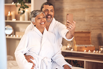 Image showing Selfie, smile and love with old couple in spa for anniversary, celebration and social media. Relax, massage and profile picture with senior man and woman in villa for luxury, vacation and peace