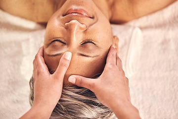 Image showing Relax, head massage and zen with old woman in spa from above for vacation, luxury and beauty salon. Peace, wellness and holiday with senior customer in hotel for retirement, oil treatment and health