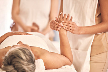 Image showing Spa, relax and a woman with a hand massage for wellness, salon treatment and grooming. Luxury, skincare and a person with a masseuse for a manicure, stress relief or beauty circulation at a hotel
