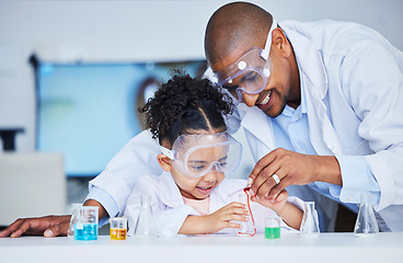 Image showing Science, help and a child and father with liquid for a chemistry experiment or education. Happy, together and a man, scientist or dad with a girl kid and water for a physics project for research