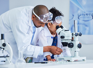 Image showing Lab test, father and child with microscope for learning, research and science study. Scientist, student and chemistry project with a dad and young girl with medical education and laboratory analysis