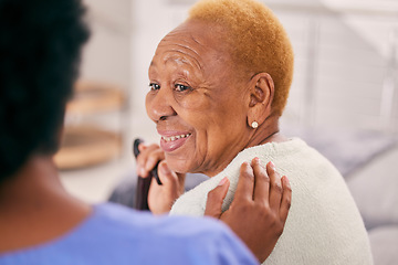 Image showing Smile, talking and a senior woman with a caregiver for medical attention, care and support in a home. Happy, love and an elderly patient with healthcare, communication or service from a nurse