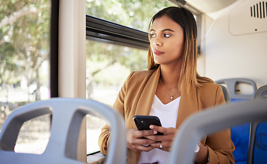 Image showing Business woman, thinking and phone on bus, transport or travel in city with social media, online news or chat. Young person driving in metro or urban journey for job, career and opportunity on mobile