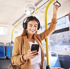 Image showing Bus, woman and phone headphones with public transport, social media scroll and smile with commute. Travel, music and internet app of a female professional on a mobile with networking on metro