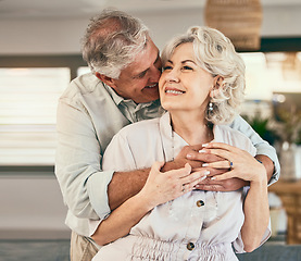 Image showing Love, relax or happy old couple hug in home living room bonding together on holiday vacation with support. Retirement, smile or senior man laughing with a mature woman thinking of care in marriage