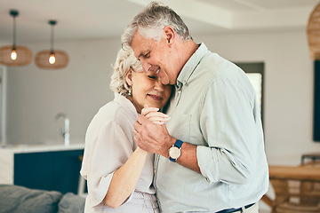 Image showing Holding hands, hug or happy old couple dancing for love, support or trust in marriage at home together. Smile, romantic elderly man or senior woman bonding with care in retirement in the living room