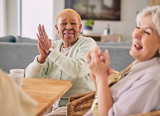 Image showing Senior women, happy cheer and celebration at a birthday party or event with clapping and excited. Elderly friends, smile and social in retirement and nursing home with tea, friendship and fun