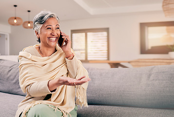 Image showing Phone call, happy senior woman and living room with conversation and communication in a home. Retirement, elderly female person and mobile discussion on a lounge sofa with contact and chat on couch