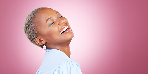 Image showing Makeup, laugh and young black woman in a studio with cosmetic, glamour and face routine. Happy, smile and African female model with a cosmetology facial treatment by pink background with mockup space