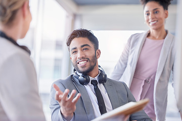 Image showing Business people, teamwork and planning in meeting discussion, happy collaboration and questions or feedback. Professional team or group of man and woman talking or marketing conversation in office