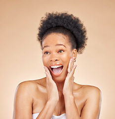 Image showing Woman, skincare and wow in studio, beauty or thinking for results, natural glow or idea by background. African girl, model and happy with surprise, shock or transformation for face, aesthetic or skin