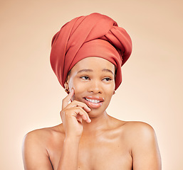 Image showing Beauty, thinking and black woman in studio with hair scarf, idea or smile for natural cosmetics on brown background. Happy, skincare and African lady model with head wrap, wellness or glow treatment