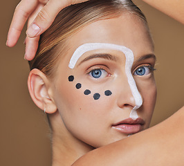 Image showing Creative, art and portrait of woman in studio with makeup, beauty and abstract face aesthetic. Cosmetic, artistic and headshot of young female model from Canada with facial paint by black background.