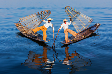 Image showing Burmese fishermen at Inle lake, Myanmar