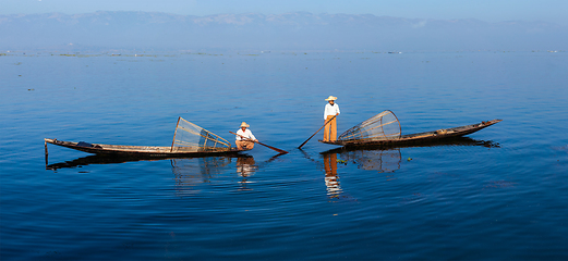 Image showing Traditional Burmese fishermen at Inle lake