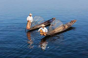 Image showing Traditional Burmese fishermen at lake, Myanmar