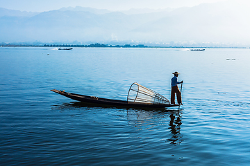 Image showing Burmese fisherman at Inle lake, Myanmar